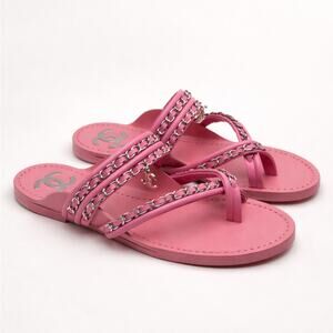 CHANEL 19C CC Charm Chain Sandal Leather Pink Silver Sz 36C/US 6 NEW $